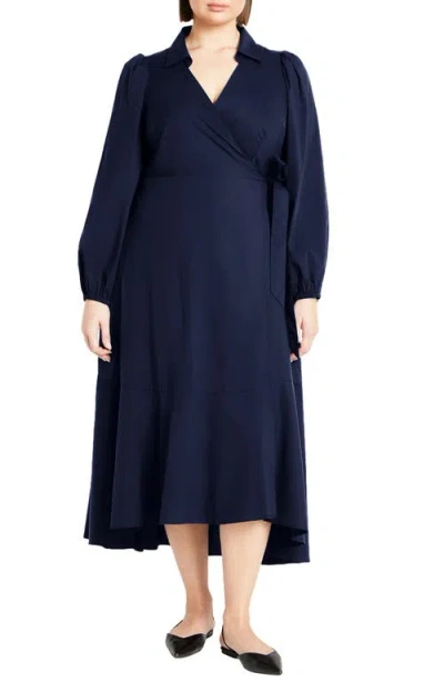 City Chic Selena Long Sleeve Cotton Blend Wrap Dress In Navy