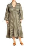 City Chic Brynn Stripe Long Sleeve Cotton Blend Dress In Olive