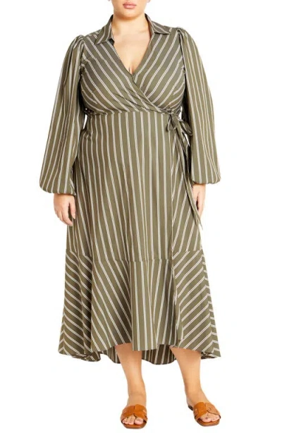 City Chic Selena Long Sleeve Cotton Blend Wrap Dress In Olive