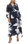 City Chic Selene Floral Print Long Sleeve Wrap Dress In Multi