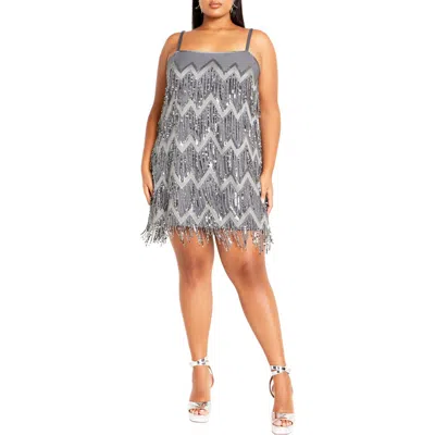 City Chic Sequin Fever Fringe Minidress In Silver