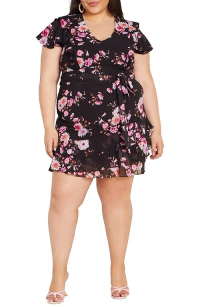 City Chic Serene Floral Tie Waist Minidress In Black