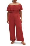 City Chic Serene Ruffle Off The Shoulder Jumpsuit In Brown