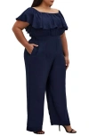 City Chic Serene Ruffle Off The Shoulder Jumpsuit In Navy