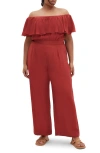 City Chic Serene Ruffle Off The Shoulder Jumpsuit In Sienna