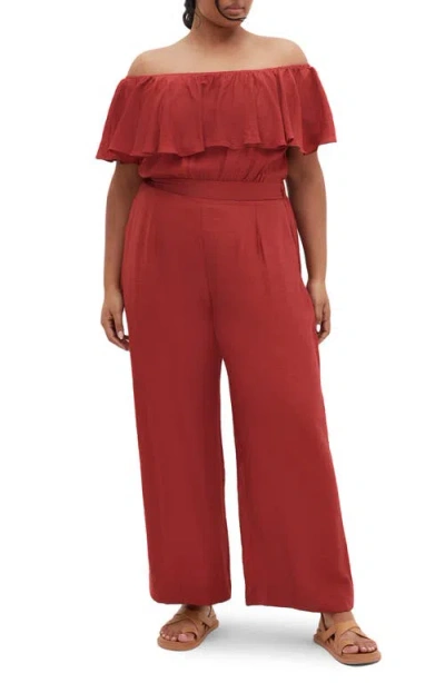 City Chic Serene Ruffle Off The Shoulder Jumpsuit In Sienna