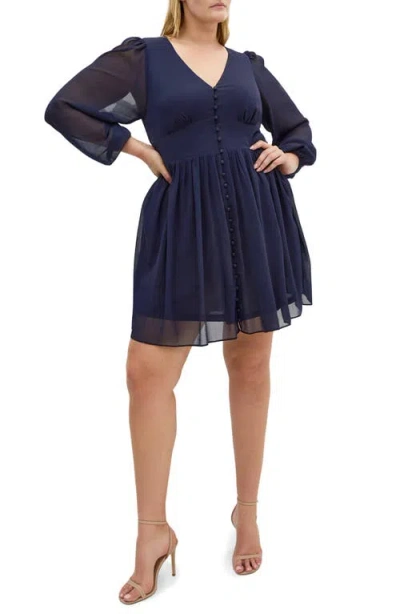 City Chic Serina Long Sleeve Flare Dress In Blue