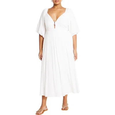 City Chic Shae Keyhole Detail Balloon Sleeve Midi Dress In Ivory