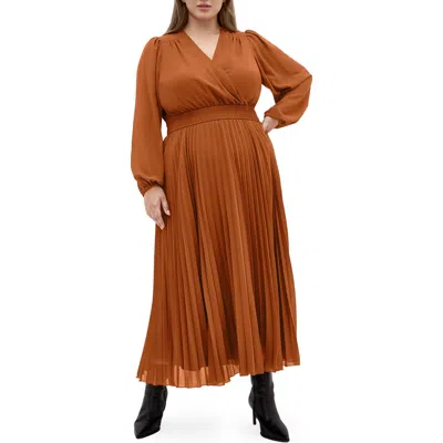 City Chic Sheer Finley Long Sleeve Chiffon Dress In Brown