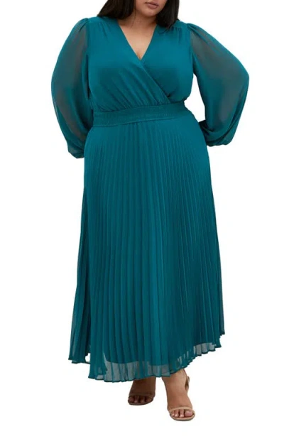 City Chic Sheer Finley Long Sleeve Chiffon Dress In Jade