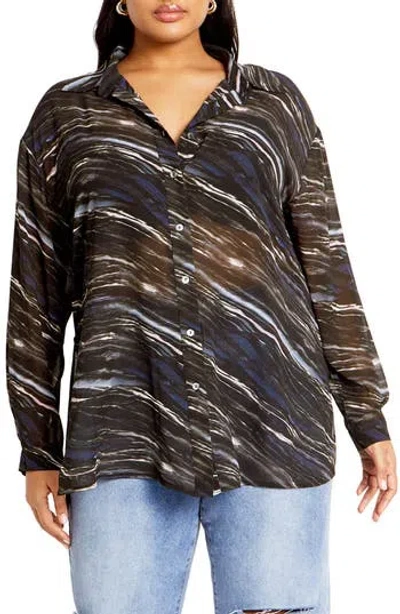 City Chic Sheer Lover Print Long Sleeve Shirt In Gray