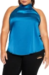 City Chic Shine Sleeveless Satin Top In Blue