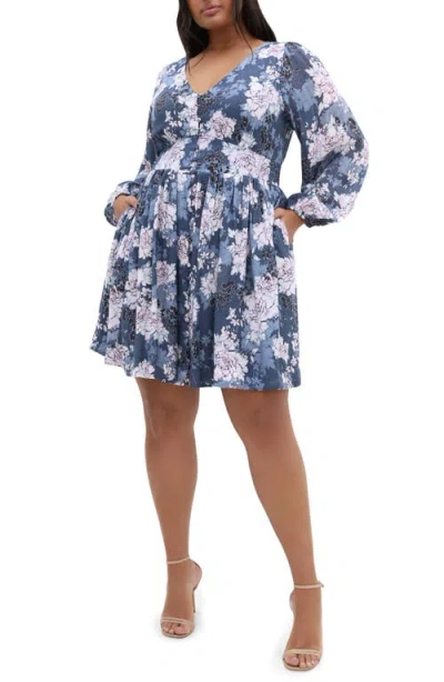 City Chic Silver Blossom Long Sleeve Dress In Blue
