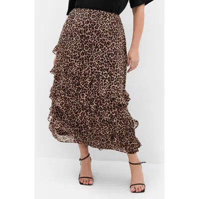 City Chic Skai Leopard Ruffle Maxi Skirt In Brown