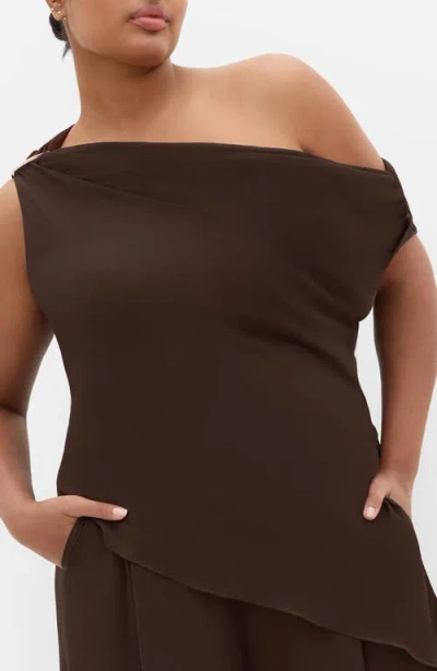 City Chic Skyla Asymmetric One-shoulder Top In Brown