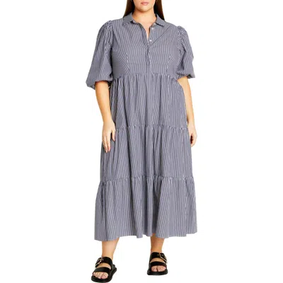 City Chic Skylight Empire Waist Midi Shirtdress In Navy/ White