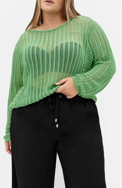 City Chic Slouch Open Stitch Sweater In Green