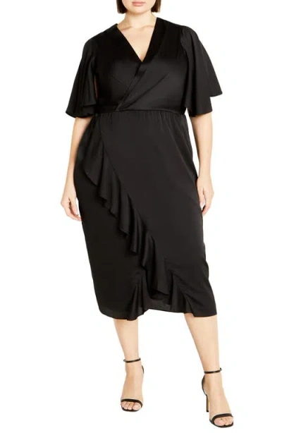 City Chic Soft Ruffle Faux Wrap Midi Dress In Black