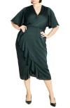 City Chic Soft Ruffle Faux Wrap Midi Dress In Emerald