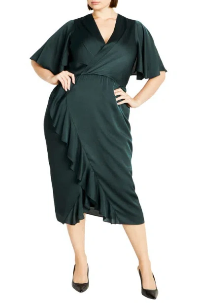 City Chic Soft Ruffle Faux Wrap Midi Dress In Emerald