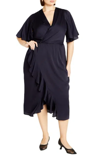City Chic Soft Ruffle Faux Wrap Midi Dress In Navy