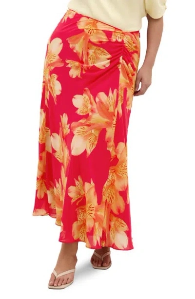 City Chic Soiree Print Ruched Maxi Skirt In Red