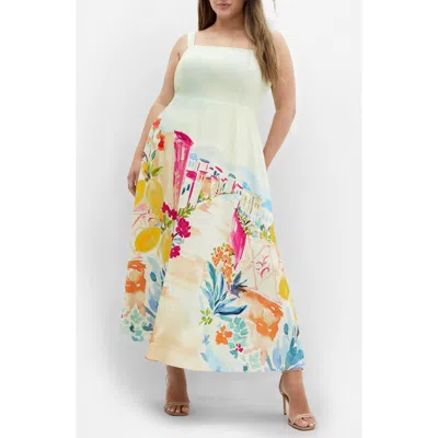 City Chic Sorrento Placed Print Midi Dress In Sorrento Summer