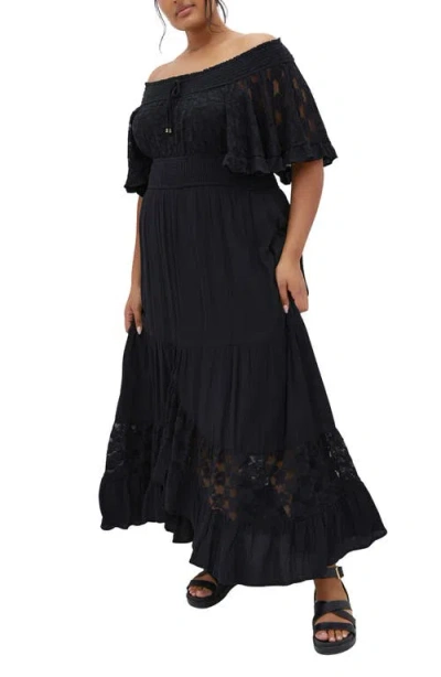 City Chic Spellbound Off The Shoulder Lace Maxi Dress In Black