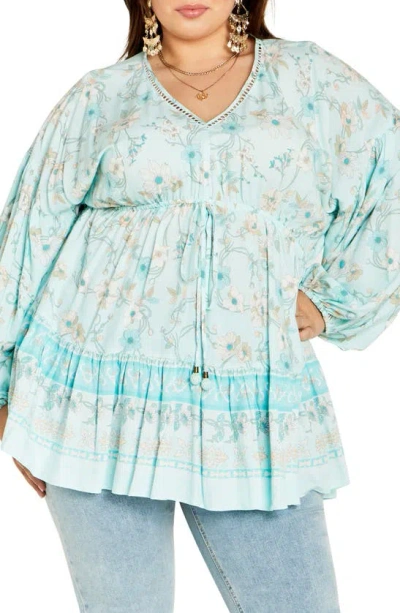 City Chic Spirited Floral Print Tunic Top In Seafoam Spirited Fl