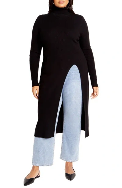 City Chic Split Longline Long Sleeve Sweater Dress In Black