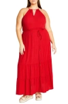 City Chic Stacey Keyhole Tiered Maxi Dress In Crimson