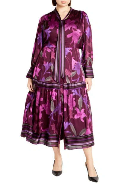 City Chic Suzanne Print Long Sleeve Maxi Dress In Lavish Lily