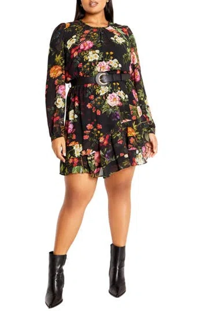 City Chic Suzie Long Sleeve Dress In Royal Garden Floral