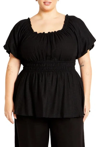 City Chic Suzy Smocked Waist Babydoll Top In Black