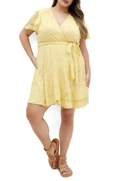 City Chic Sweat Lace Wrap Dress In Buttercup