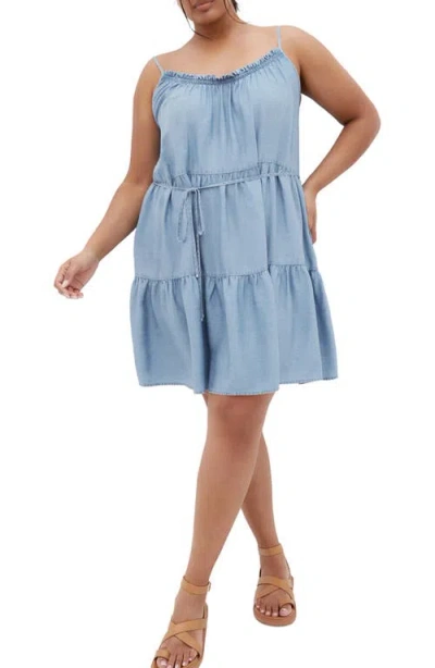 City Chic Sweet Tiers Sleeveless Denim Dress In Blue
