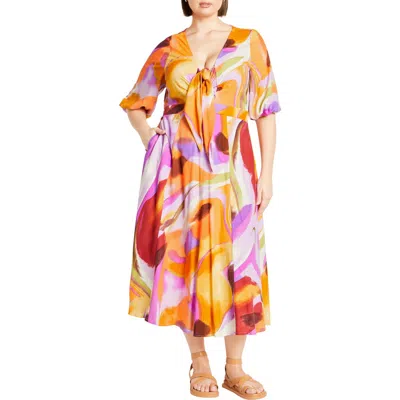 City Chic Swirl Print Tie Front Midi Dress In Summer Swirl