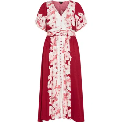 City Chic Sybelle Floral Shirred Waist Maxi Dress In Red