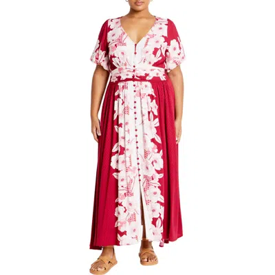 City Chic Sybelle Shirred Waist Print Maxi Dress In Cranberry