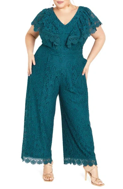 City Chic Sylvia Ruffle & Lace Wide Leg Jumpsuit In Teal