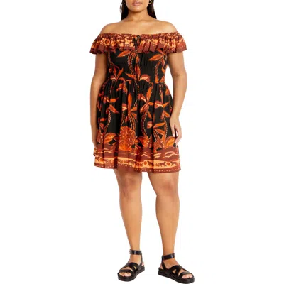 City Chic Tahitian Border Print Off The Shoulder Dress In Multi