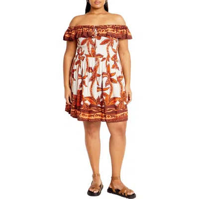 City Chic Tahitian Border Print Off The Shoulder Dress In Multi