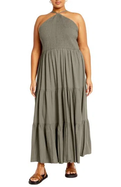 City Chic Tahitian Halter Tiered Maxi Dress In Gray