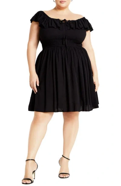 City Chic Tahitian Ruffle Off The Shoulder Minidress In Black