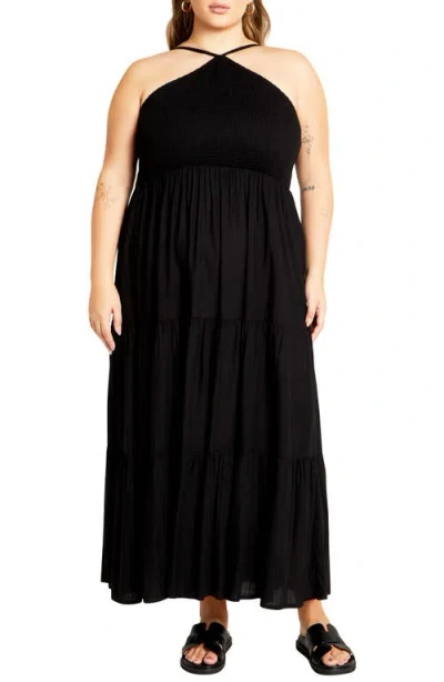 City Chic Tahitian Sleeveless Tiered Maxi Dress In Black