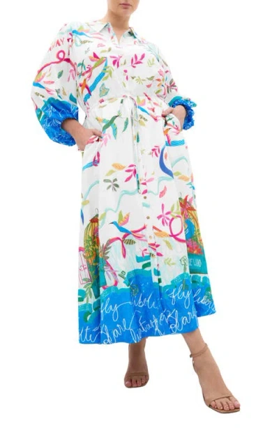 City Chic Tahlia Long Sleeve Bird Print Maxi Shirtdress In Multi