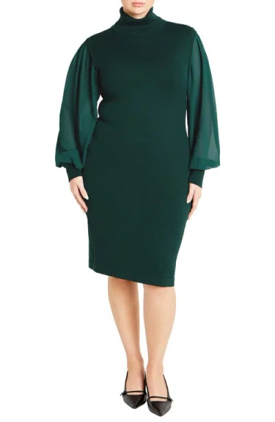 City Chic Tahlia Sheer Long Sleeve Sweater Dress In Teal