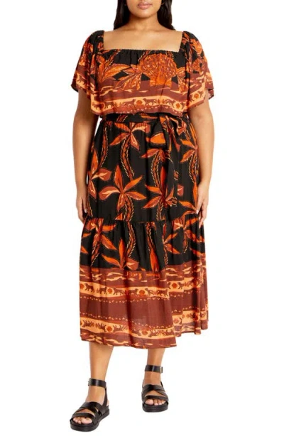 City Chic Talia Tie Belt Midi Dress In Black Tahitian Brd