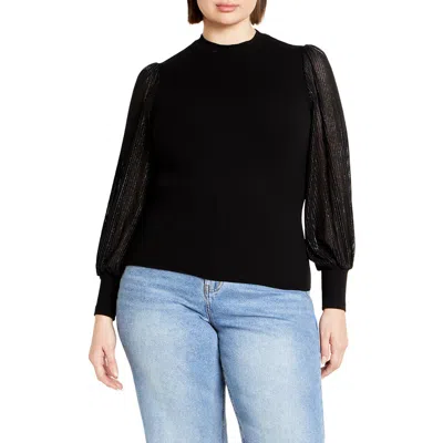 City Chic Tarynn Metallic Stripe Sheer Sleeve Top In Black