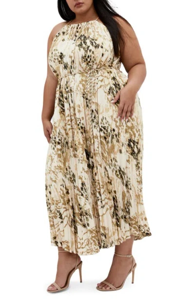 City Chic Tatum Pleated Tie Waist Dress In Neutral